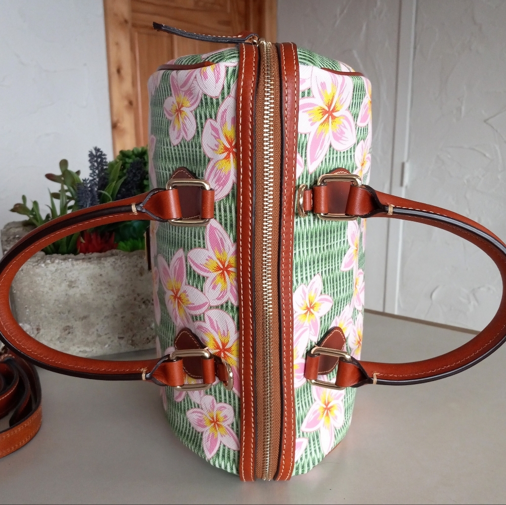 Dooney & Bourke Coated Cotton Plumeria Barrel Satchel, Pink/Green - Picture 9 of 16